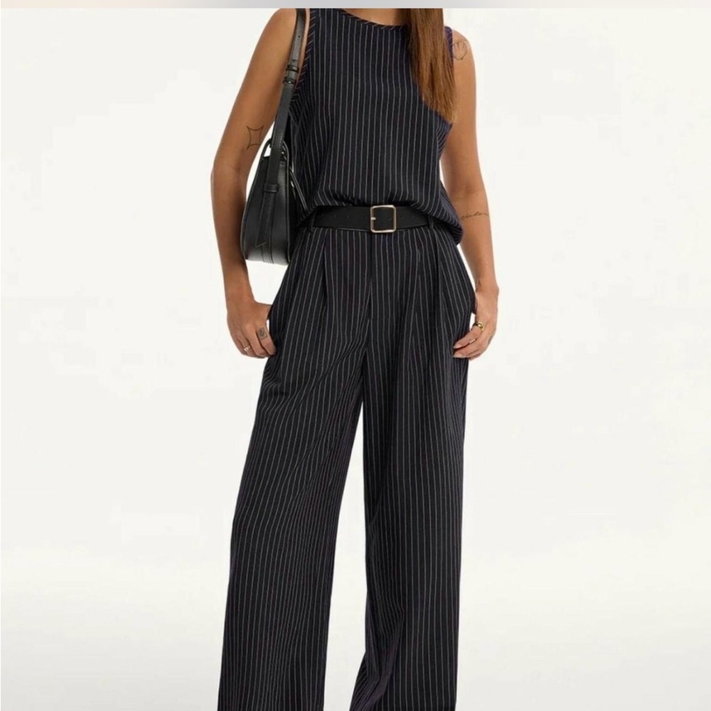 Commense pinstripe top and pants set with belt